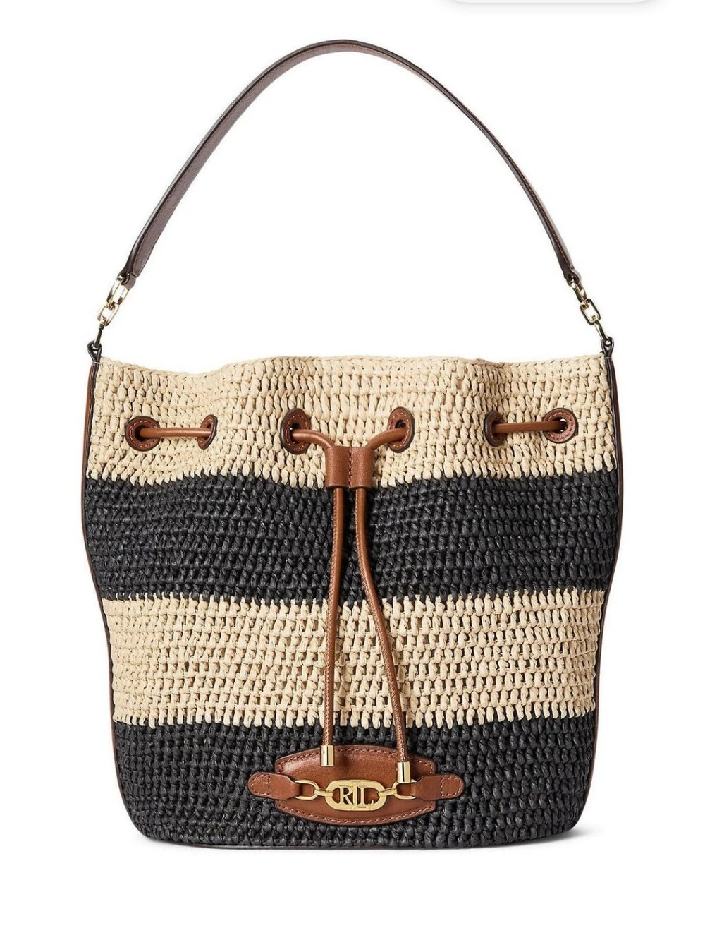 Lauren Ralph Lauren Raffia Straw Large Striped Andie Drawstring Shoulder Bag